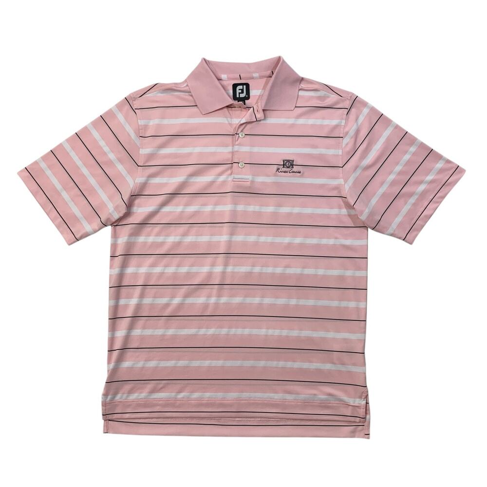 Footjoy Polo Shirt Mens M Medium Pink Stripe Short Sleeve Performance Golf LOGO
